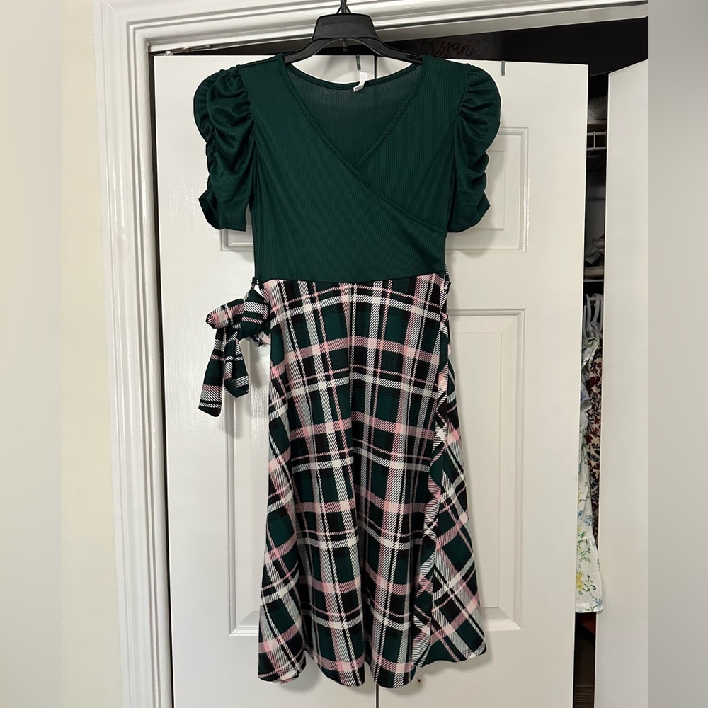 Green and Pink Plaid Dress with Puff Sleeves